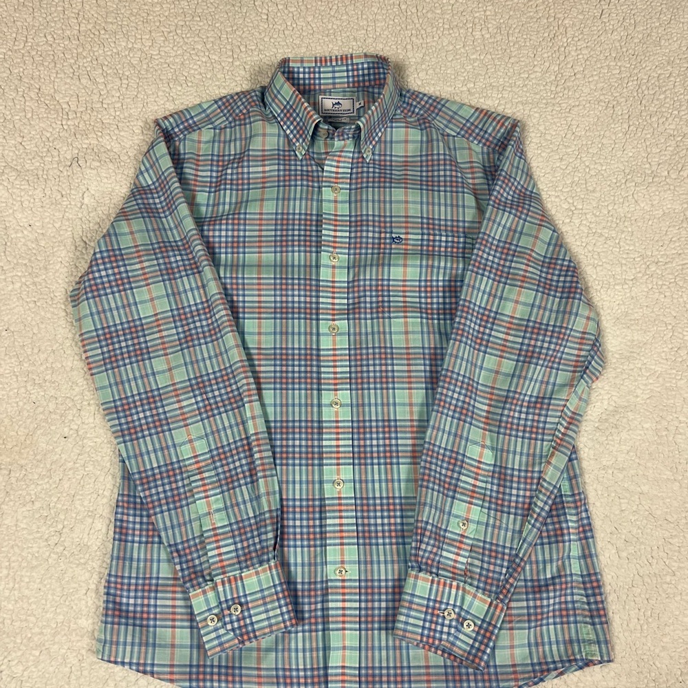 Southern Tide Blue and Green Casual Button Down Long-sleeve Shirt Medium